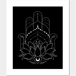 Blooming Lotus Flower Hamsa / White Posters and Art